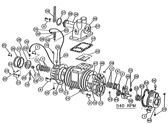 PB-10 Vacuum Pressure Pump 540 RPM 3 Port Part Breakdown Diagram