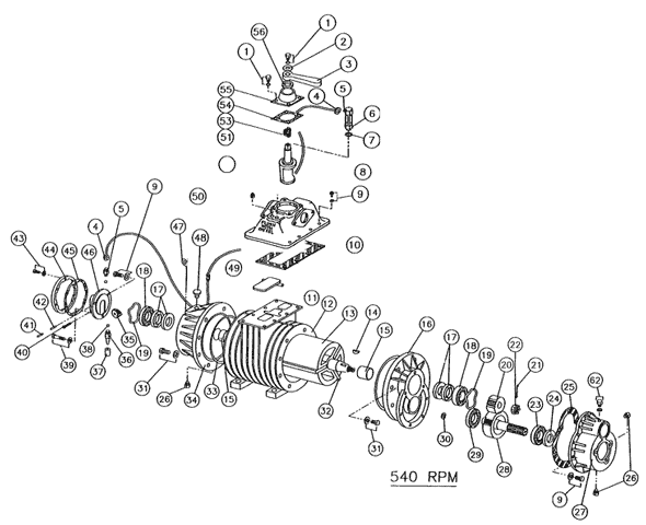 PB-3 Vacuum Pressure Pump 540 RPM 2 Port Part Breakdown Diagram